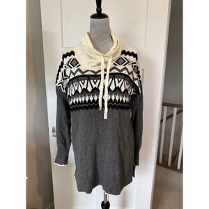 Eddie Bauer Womens Large Fair Isle Cowl Neck Tunic Sweater Grey Cotton Wool